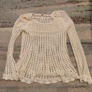 Free People Cream Crochet Open-Knit Long Sleeve Top